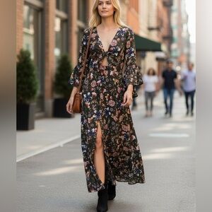 Hayden Los Angeles | Floral Boho Bell Sleeve Maxi Dress With Cutout-Tie - NWT
